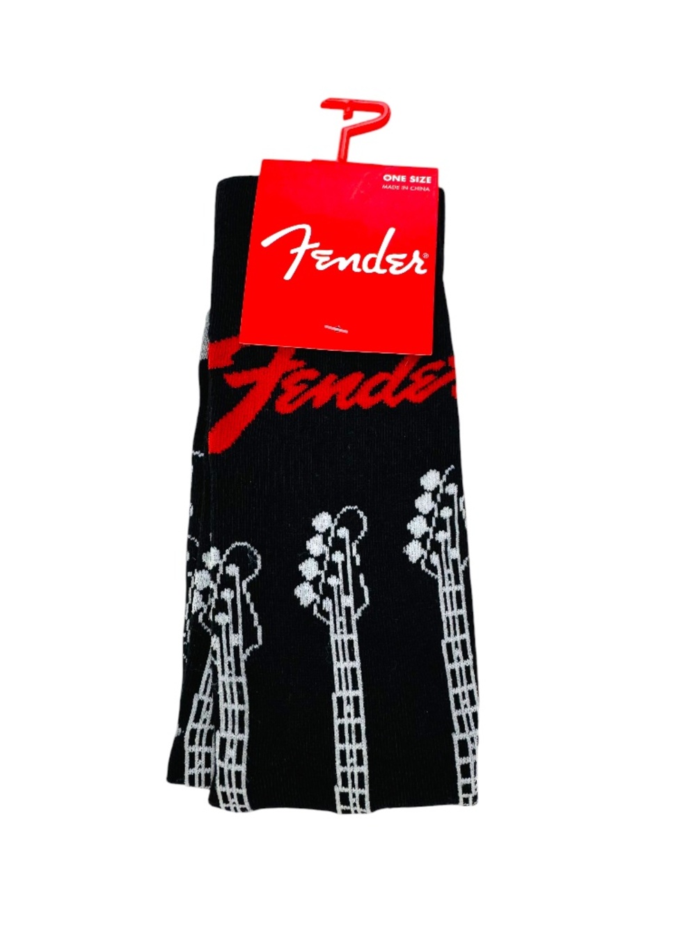 Fender Guitar Socks Black w/ Red Lettering Size 7-12 Mid-Calf Rock and Roll